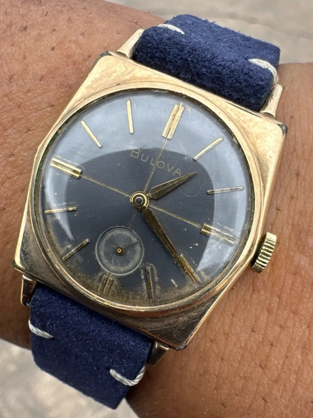 Bulova Gold and Blue Dial Vintage Manual Wind Rare Men's Watch